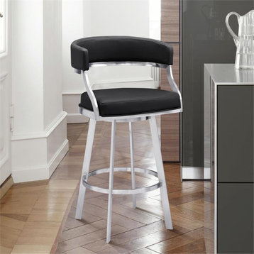 Armen Living Saturn 26" Faux Leather Counter Stool in Black/Stainless Steel