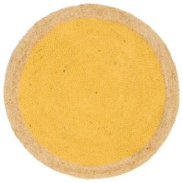 Farmhouse Area Rug, Pure White With Inner Yellow & Natural Border, 8' Round