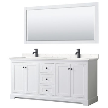 Avery 72" Double Vanity, White, Carrara Marble Top, Black Trim, 70" Mirror