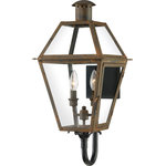Quoizel - Rue De Royal 2-Light Outdoor Wall Lantern in Industrial Bronze - From the Charleston Copper & Brass Lantern Collection, the Rue De Royal offers the historic look of gas lighting without the hassle of a propane feed. It is all electric and features a hand-riveted solid copper or brass frame, combining the romantic charm of an antique lantern with the modern convenience of energy efficiency.  This light requires 2 , 60W Watt Bulbs (Not Included) UL Certified.