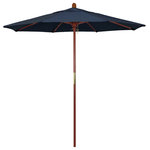 March Products - 7.5' Wood Umbrella, Spectrum Indigo - The classic look of a traditional wood market umbrella by California Umbrella is captured by the MARE design series.  The hallmark of the MARE series is the beautiful 100% marenti wood pole and rib system. The dark stained finish over a traditional marenti wood is perfect for outdoor dining rooms and poolside d-cor. The deluxe push lift system ensures a long lasting shade experience that commercial customers demand. This umbrella also features Sunbrella fabrics, which are built on a foundation of solution-dyed acrylic yarn, the most resilient and solid material for prolonged sun exposure, to offer even longer color retention rating than competing material sources.
