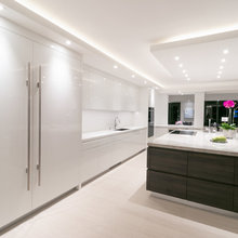 Kitchen-refrigerator and stove opposite ends
