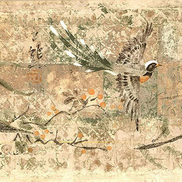 Vintage Wallpaper Border Japanese Storks Beige White 9"x15'