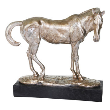 15 Inches Polyresin Frame Decorative Horse Sculpture, Distressed Silver