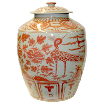 Pink Orange Off White Flowers Birds Graphic Round Ceramic Jar Hws1140