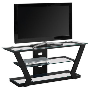 Tv Stand, 48 Inch, Storage Shelves, Tempered Glass, Metal, Black, Clear