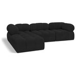 Meridian Furniture - Ames Boucle Fabric L-Shaped Modular Sectional, Black, 4-Piece: 1 Armless Chair, 2 Corner Chair, 1 Ottoman - Introduce a touch of modern sophistication to your living area with the exquisite Ames Boucle Fabric Sectional. With plush black boucle fabric and unique design, it will elevate the visual appeal of your living space. This elegant and captivating sectional can be mixed and matched with other pieces from the collection to create an endless array of stunning looks. So, get ready to transform your living area into an inviting and stylish haven with the Ames Boucle Fabric Sectional.