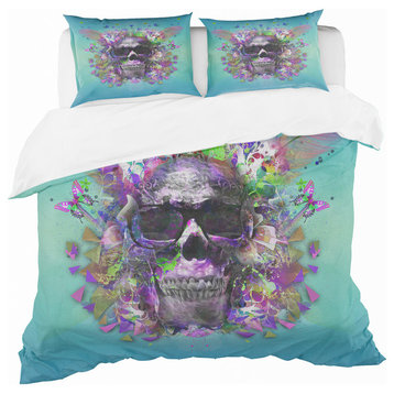 Skull With Glasses and Butterflies Modern Teen Duvet Cover, Twin