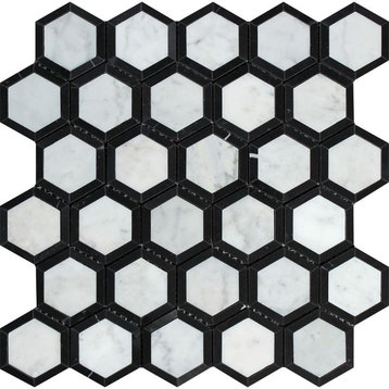 Carrara Marble Vortex Hexagon Mosaic (With Black), 2 X 2 Polished, 10 sq.ft.