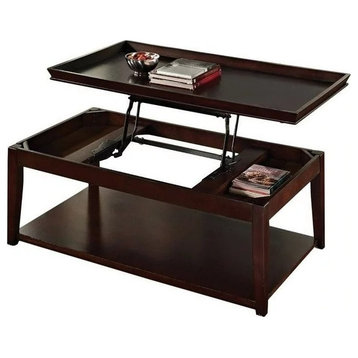 Transitional Coffee Table, Rectangular Lifting Up Top & Lower Open Shelf, Cherry