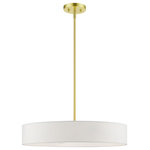 Livex Lighting - Venlo 4 Light Satin Brass With Shiny White Accents Medium Drum Pendant - The Venlo collection is both modern and versatile. The satin brass finish with shiny white finish accents and hand-crafted off-white colored fabric hardback shade sets a pleasant mood. This sleek medium four-light drum pendant is a perfect fit for the living room, dining room, kitchen and bedroom.