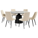 Armen Living - Knox Genesis 7 Piece Dining Set With Stone Top and Faux Leather Chairs - Enjoy an intimate meal or host a dinner party with the Knox Genesis 7 Piece Dining Set with Stone Top and Faux Leather Chairs. This set includes 1 Knox dining table and 6 Genesis dining chairs. The Genesis dining chair features a beautifully sculpted back to attain a tailored and inviting look. Perched upon slender black metal legs, the Genesis dining room chair keeps your home looking airy and spacious. Its tall back beautifully widens at the bottom to provide exceptional lumbar support and comfort. Finished off with a padded seat, our dining table chair offers a comfortable seat anywhere in your dining room, kitchen, living area, or home office. The dining chair is upholstered in UV and stain-resistant faux leather which does not crack or fade easily to offer easy maintenance. The refined and distinctive silhouette of the dining table attains a statement-making appeal in any room. It features a perfectly rounded tabletop perched upon an eye-catching pedestal base. Its sintered stone tabletop depicts the graceful and natural textures of white marble to add a polished touch to your casual or formal meals. This tabletop is resistant to etching, scratches, burns, and stains as a durable yet elegant alternative to quartz. It is perched upon a black metal base to attain contrast and a versatile appeal. The round dining table can comfortably seat up to six individuals for enjoying meals in your kitchen, dining room, or living space. A 55" round shape allows the table to function as a natural hub for conversations. The Knox Genesis dining set is available in 5 or 7 piece set configurations and features a white stone tabletop with black metal base and your choice of taupe gray or beige faux leather upholstered dining chairs.