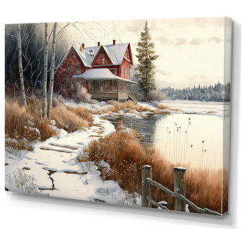 Calm Red Barn In Winter II Canvas, 32x16, No Frame