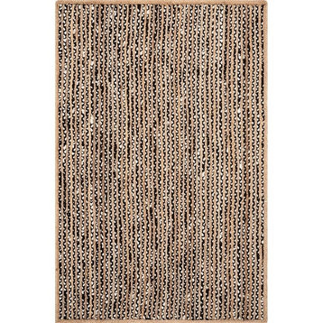 Farmhouse Area Rug, Handwoven Jute With Black/White Striped Pattern, 7'6" X 9'6"