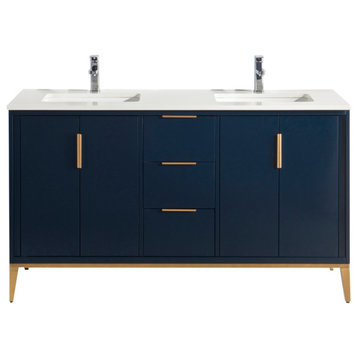 DIVANI 60" Double Sink Vanity WithQuartz Counter Top, Gloss White, Navy Blue
