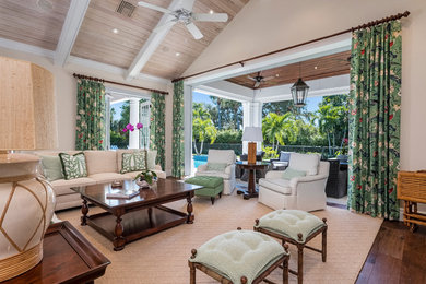 Inspiration for a large timeless dark wood floor and brown floor family room remodel in Other