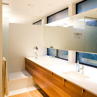 Idee per una stanza da bagno padronale moderna di medie dimensioni con ante lisce, ante in legno scuro, piastrelle in ceramica, pareti bianche, top in quarzite, vasca sottopiano, doccia ad angolo, piastrelle bianche, pavimento in compensato e lavabo sottopiano