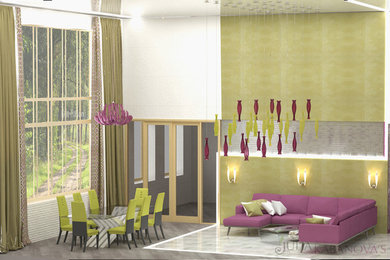 Стильный дизайн: огромная парадная гостиная комната в современном стиле с телевизором на стене без камина - последний тренд