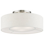 Livex Lighting - Ellsworth 3 Light English Bronze Semi-Flush - The Ellsworth collection has a clean, crisp look and contemporary appeal. The hand-crafted oatmeal color fabric hardback shade with white color fabric on the inside offers a diffused warm light.  This three-light drum shade adds character to this handsomely styled semi flush mount. Will adapt well in the living room, dining room and bedroom tastefully elevating your style. This sleek design is shown in a brushed nickel finish with shiny white finish accents.