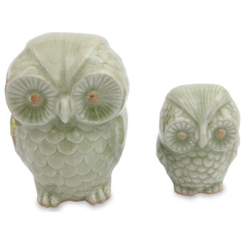 NOVICA Little Light Green Owls And Celadon Ceramic Figurines  (Pair)