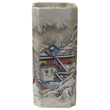 Chinese Off White Porcelain Snow Scenery Square Shape Vase Hws2085