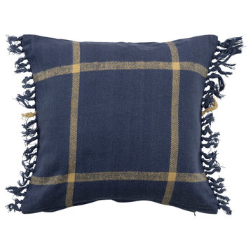 Cotton Flannel Plaid Pillow With Fringe, Blue/Citron