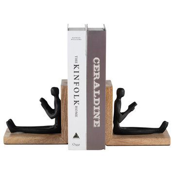 Wood, Set of 2 6" Man Reading Bookends, Brown/Black