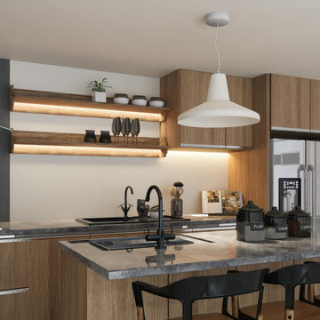 Sleek Simplicity: Minimalist Kitchen with Natural Wood Tones