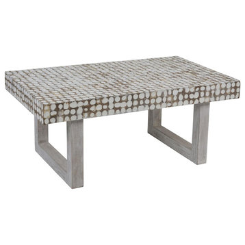 Farmhouse Coffee Table, Large Top With Coconut Shell Mosaic Inlaid, White Patina