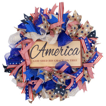 Stars and Stripes "America God Shed His Grace on Thee" Patriotic Bow Wreath -18"