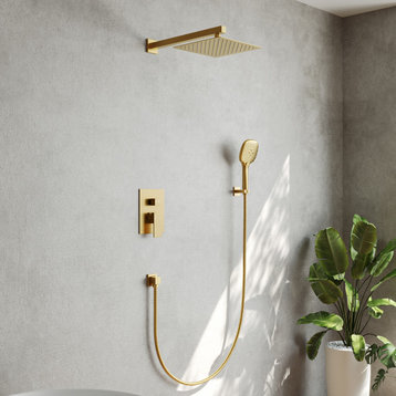 Wall Mount Shower System 10"Rain Shower Head with 3 Spray Settings Handheld, Brushed Gold