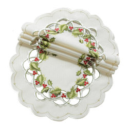 Xia Home Fashions - Winter Berry Embroidered Cutwork Collection Christmas Doilies, Set of 4 - Placemats