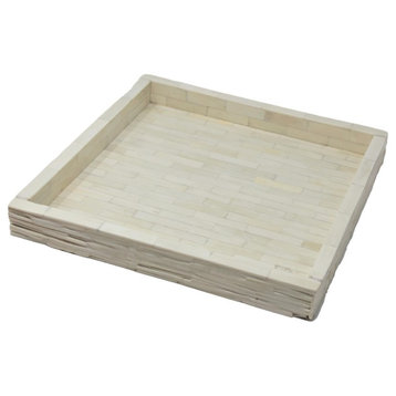 Elegant Natural White Tiled Square Decorative Tray, 18" Inlaid Serving Cream