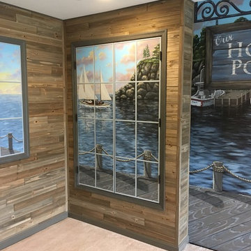 New England Harbor Town Mural, hand painted throughout a lower level