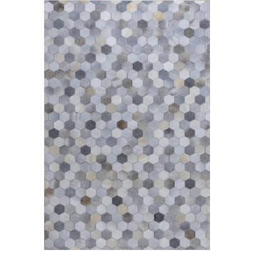 Handmade Grey Hexagon Patchwork Leather Area Rug by Tufty Home