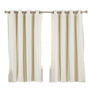 Gathered Tulle Sheer and Blackout 4-Piece Curtain Set, Beige, 96"