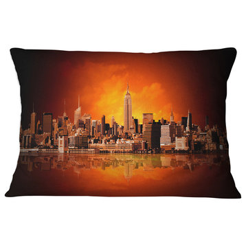 New York City Panorama in Red Light Cityscape Throw Pillow, 12"x20"