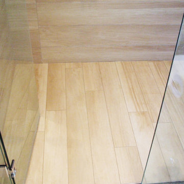 Warm wood tile walk-in shower