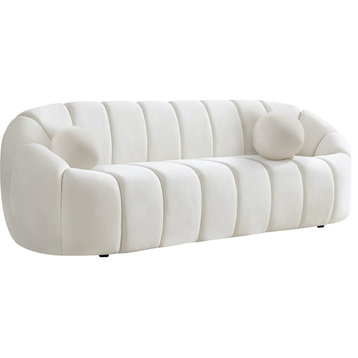 Pemberly Row Contemporary Velvet Sofa with Deep Channel Tufting in Cream