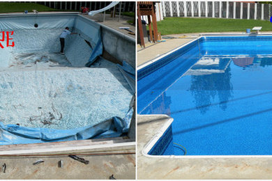 Foto de piscina natural actual grande rectangular en patio trasero con losas de hormigón