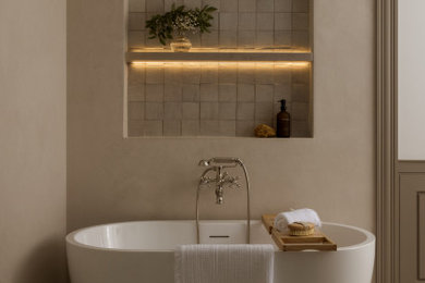 Inspiration for a large timeless master beige tile and subway tile porcelain tile, beige floor and double-sink bathroom remodel in Baltimore with shaker cabinets, brown cabinets, a two-piece toilet, beige walls, an undermount sink, quartzite countertops, white countertops, a niche and a built-in vanity