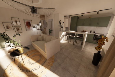 Cette photo montre un petit salon tendance ouvert avec un mur vert, un sol en carrelage de céramique, aucune cheminée, un téléviseur indépendant et un sol gris.