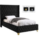 Meridian Furniture - Savan Velvet Upholstered Bed, Black, Twin - Bring luxury to the forefront when you add this Savan velvet twin-size bed to your room. Upholstered in rich black velvet from the top of its super-high headboard down to its footboard, this beautiful bed features deep button tufting and a wingback detail to make it a true standout in your space. This luxe bed comes with two sets of legsincluding both gold and chrome optionsso you can customize it to completely coordinate with other items in your space. Full slats are included so that you can set it up and start using it right away.