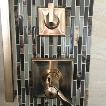 BATHROOM - Contemporary Tub-To-Shower 12 x 24 TanTile and Linear Mosaic Accent