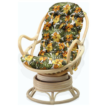 Java Lounge Swivel Rocking Chair Rattan Wicker, White Wash, Floral Cushion