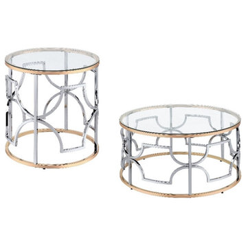 Furniture of America Sol Glass Top 2-Piece Coffee Table Set in Chrome and Gold