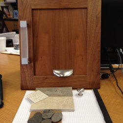 Cabinets - Walnut stain vanity, shaker door &  brushed nickel pulls - Bathroom Cabinets