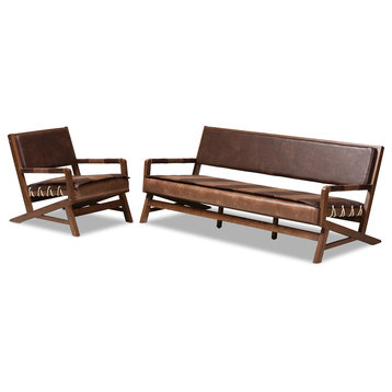 Leigh Rustic Brown Faux Leather Walnut Finish 2-Piece Living Room Set