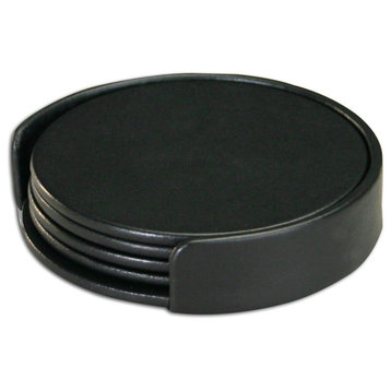 A1018 Classic Black Leatherette 4 Coaster Set With Holder
