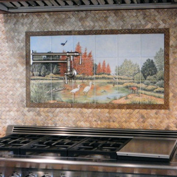 "Snowy Egrets & Copper Red Bald Cypress" kitchen backsplash tile mural